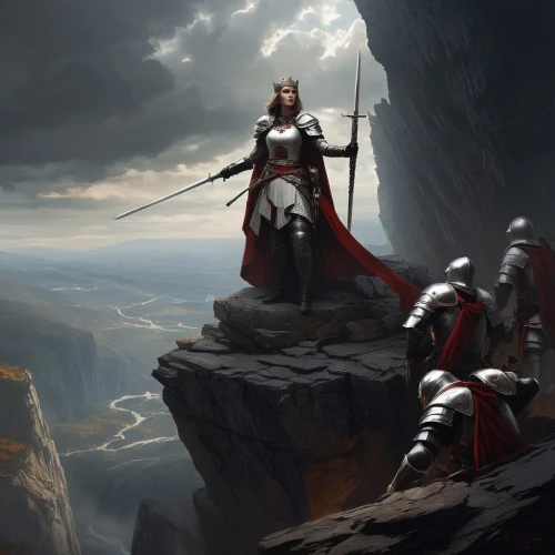 guards of the canyon,heroic fantasy,fantasy picture,king arthur,the wanderer,templar,lone warrior,fantasy art,red cape,world digital painting,female warrior,crusader,valhalla,wall,scythe,massively multiplayer online role-playing game,game illustration,sci fiction illustration,mountain guide,arête,Conceptual Art,Fantasy,Fantasy 11