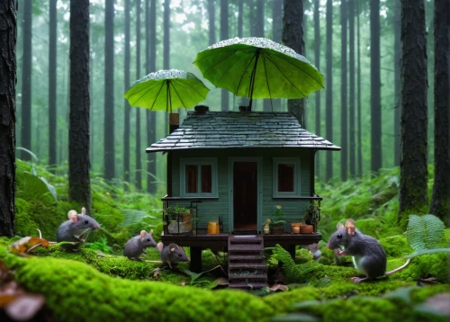 fairy house,house in the forest,miniature house,mushroom landscape,little house,my neighbor totoro,tree house,fairy village,fairy forest,small house,treehouse,bird house,insect house,whimsical animals,home landscape,studio ghibli,tree house hotel,fairy world,forest animals,cartoon forest,Illustration,Paper based,Paper Based 07