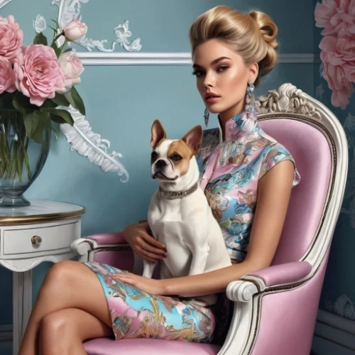 girl with dog,floral chair,blonde on the chair,havana brown,vintage fashion,fabulous,thai ridgeback,the french bulldog,vogue,sitting on a chair,female dog,beauty salon,luxury accessories,valentino,women fashion,blonde woman,manicure,dog look,haute couture,vintage floral