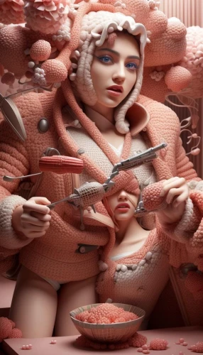 woman holding pie,clay doll,woman eating apple,confectioner,mortadella,confection,woman with ice-cream,3d fantasy,ceramic,ceramics,terracotta,sliced watermelon,girl with cereal bowl,seamstress,hunger,girl in the kitchen,sci fiction illustration,photo manipulation,surrealism,clay animation