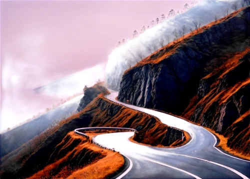 mountain road,steep mountain pass,mountain highway,winding roads,winding road,mountain pass,alpine route,alpine drive,mountain slope,mountainous landscape,racing road,mountain scene,mountain landscape,stelvio,landscape background,hairpins,world digital painting,rocky hills,volcanic landscape,road of the impossible,Illustration,Japanese style,Japanese Style 09