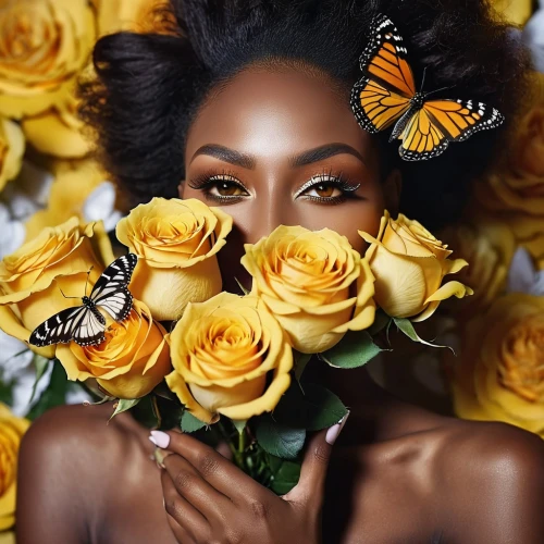 yellow rose background,gold yellow rose,yellow roses,african daisies,yellow butterfly,golden flowers,beautiful african american women,yellow rose,butterfly floral,yellow orange rose,beautiful girl with flowers,pollinating,orange roses,pollination,pollinate,black skin,african american woman,queen bee,with roses,photoshoot butterfly portrait,Photography,General,Realistic