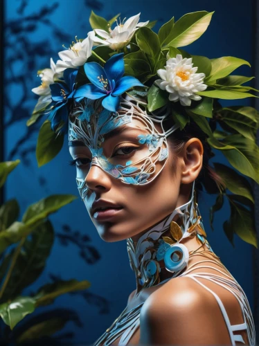 masquerade,venetian mask,body painting,bodypainting,bodypaint,polynesian girl,fantasy portrait,faerie,headdress,flora,ulysses butterfly,faery,floral wreath,laurel wreath,polynesian,tropical bloom,blue enchantress,fantasy art,world digital painting,neon body painting,Photography,Artistic Photography,Artistic Photography 08