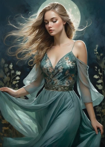 jessamine,fantasy portrait,fantasy art,celtic woman,blue moon rose,fantasy picture,faerie,the night of kupala,fairy queen,lady of the night,the enchantress,the blonde in the river,queen of the night,faery,romantic portrait,mystical portrait of a girl,fantasy woman,blue enchantress,sorceress,moonflower,Illustration,Paper based,Paper Based 05