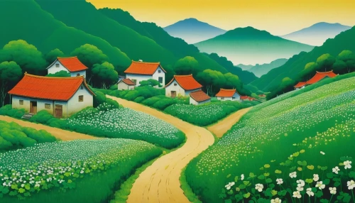 alpine village,escher village,mountain village,aurora village,tulip field,rural landscape,tulips field,korean village snow,villages,tulip festival,korean folk village,home landscape,daffodil field,tulip fields,vegetables landscape,the valley of flowers,rice terrace,cottages,green landscape,farm landscape,Illustration,Japanese style,Japanese Style 20