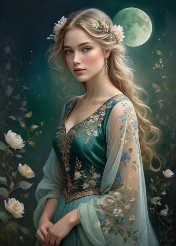 fantasy portrait,jessamine,mystical portrait of a girl,fairy tale character,faery,blue moon rose,rosa 'the fairy,faerie,fairy queen,fantasy art,fantasy picture,moonflower,white rose snow queen,cinderella,eglantine,fae,aurora,the sleeping rose,rosa ' the fairy,fairytale characters,Illustration,Realistic Fantasy,Realistic Fantasy 16