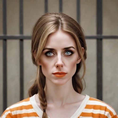 prisoner,queen cage,orange,orange eyes,big eyes,pippi longstocking,doll's facial features,holland,british actress,orange robes,clary,orange color,porcelain doll,burglary,horizontal stripes,cross-eyed,doll face,orange half,paleness,actress,Photography,Natural