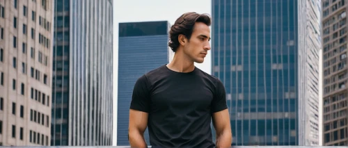 isolated t-shirt,ceo,long-sleeved t-shirt,city ​​portrait,skyscrapers,thinking man,pedestrian,tall buildings,high rises,standing man,polo shirt,dj,dan,elongated,man silhouette,city youth,elongate,walking man,skyscraper,neck,Conceptual Art,Daily,Daily 26