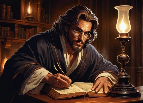 scholar,librarian,leonardo devinci,tutor,professor,cg artwork,academic,reading glasses,sci fiction illustration,persian poet,author,game illustration,theoretician physician,researcher,writing-book,tutoring,candlemaker,thorin,binding contract,learn to write,Illustration,American Style,American Style 05