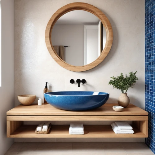 modern minimalist bathroom,wood mirror,washbasin,bathroom sink,wooden shelf,modern decor,plate shelf,bathroom cabinet,circle shape frame,contemporary decor,bathroom accessory,bathtub accessory,bathroom,luxury bathroom,wash basin,basin,search interior solutions,dressing table,toilet table,ceramic tile,Photography,General,Realistic