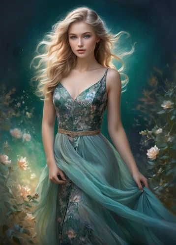 celtic woman,faery,fantasy portrait,faerie,jessamine,mystical portrait of a girl,fantasy picture,fairy queen,rosa 'the fairy,fae,fantasy art,celtic queen,fairy tale character,enchanting,the enchantress,cinderella,girl in flowers,romantic portrait,girl in a long dress,elsa,Illustration,Paper based,Paper Based 11