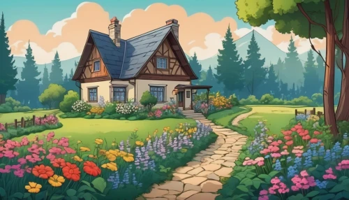little house,house in the forest,dandelion hall,country cottage,summer cottage,home landscape,witch's house,cottage,cartoon video game background,country house,small house,lonely house,beautiful home,house painting,fairy house,clover meadow,springtime background,studio ghibli,fairy village,farm house,Illustration,Japanese style,Japanese Style 07