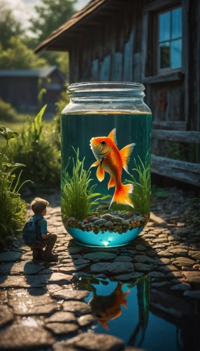 lensball,goldfish,aquarium,aquarium decor,koi pond,fish tank,fish in water,koi fish,aquarium inhabitants,tiny world,fishing float,glass jar,wishing well,two fish,photo manipulation,freshwater aquarium,3d fantasy,fishbowl,koi,photomanipulation,Photography,General,Fantasy