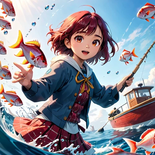 scarlet sail,underwater background,at sea,open sea,sea-life,sea,under the sea,ocean,birds of the sea,seafaring,red fish,school of fish,nautical children,sea fantasy,under sea,ocean background,sea ocean,sea foods,sea food,cg artwork,Anime,Anime,Cartoon