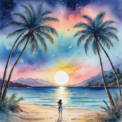 watercolor palm trees,watercolor background,beach background,beach landscape,ocean paradise,palmtrees,dream beach,beach scenery,summer background,tropical sea,moon and star background,ocean background,palm trees,landscape background,tropical beach,aloha,watercolor,sunset beach,paradise beach,delight island,Illustration,Paper based,Paper Based 25