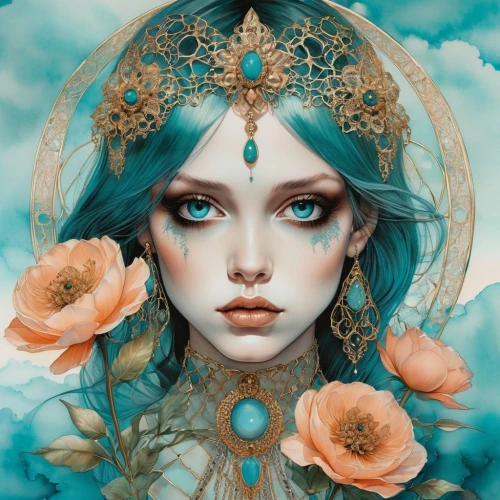 fantasy portrait,mystical portrait of a girl,blue enchantress,fantasy art,boho art,medusa,faerie,flora,priestess,fairy peacock,faery,fairy queen,elven flower,flower fairy,aquarius,gemini,zodiac sign gemini,zodiac sign libra,the enchantress,siren,Illustration,Realistic Fantasy,Realistic Fantasy 14