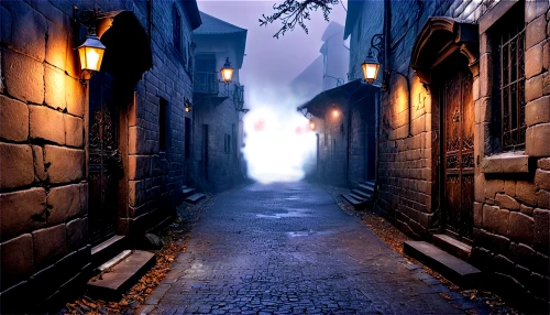 medieval street,narrow street,alleyway,alley,the cobbled streets,old linden alley,fantasy picture,hogwarts,3d fantasy,fantasy city,passage,cartoon video game background,photoshop manipulation,cobblestones,world digital painting,blind alley,the mystical path,gas lamp,medieval town,street lamps,Conceptual Art,Sci-Fi,Sci-Fi 02