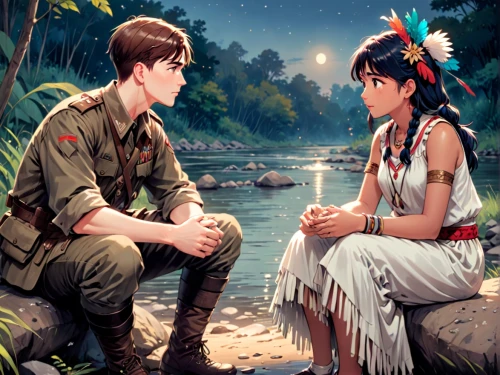 game illustration,south pacific,pocahontas,romantic scene,world digital painting,young couple,amazonian oils,fantasy picture,honeymoon,indian girl boy,reconciliation,moorea,amerindien,beautiful couple,slave island,polynesian girl,sci fiction illustration,polynesian,warrior east,girl and boy outdoor,Anime,Anime,Realistic