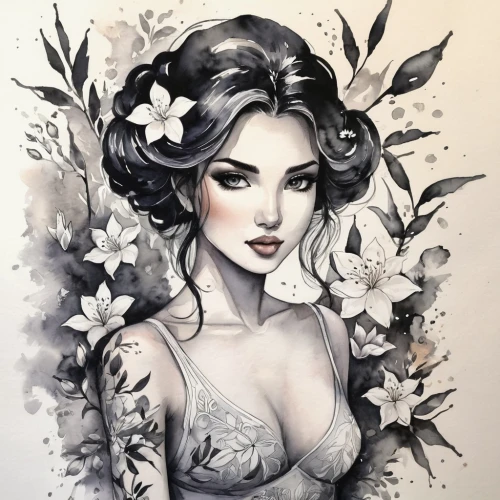 watercolor pin up,magnolia,jasmine blossom,magnolias,star magnolia,gardenia,magnolia blossom,widow flower,lilacs,lilac blossom,white magnolia,fantasy portrait,magnolia star,flora,jasmine,poison ivy,victorian lady,magnolia flowers,copic,lotus art drawing,Illustration,Paper based,Paper Based 25