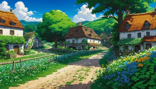 escher village,alpine village,studio ghibli,aurora village,knight village,mountain village,village scene,village life,transylvania,bavarian swabia,home landscape,idyllic,villages,oktoberfest background,countryside,bavaria,rural landscape,french digital background,old village,rural,Illustration,Japanese style,Japanese Style 13