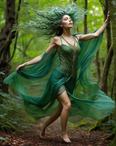 ballerina in the woods,faerie,dryad,faery,fae,fairies aloft,celtic woman,fairy,the enchantress,throwing leaves,fairy queen,fairy forest,elven forest,green dress,rusalka,rosa 'the fairy,fairy peacock,forest of dreams,elven,mother earth,Conceptual Art,Fantasy,Fantasy 04