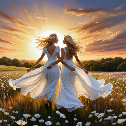 loving couple sunrise,romantic scene,celtic woman,divine healing energy,amorous,love in air,spring equinox,sun bride,dance with canvases,sun daisies,love in the mist,nature love,dancers,beautiful photo girls,sunburst background,fairies aloft,romantic portrait,golden sun,all forms of love,love-in-a-mist,Illustration,Paper based,Paper Based 15