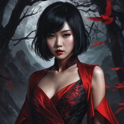 red riding hood,vampire lady,vampire woman,little red riding hood,gothic portrait,geisha,fantasy portrait,gothic woman,red lantern,mulan,lady in red,vampire,queen of hearts,red spider lily,geisha girl,blood maple,crimson,dark red,fantasy art,silk red,Conceptual Art,Fantasy,Fantasy 34