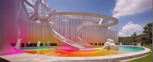 futuristic art museum,decorative fountains,amphitheater,futuristic architecture,fountain of friendship of peoples,archidaily,steel sculpture,sculpture park,3d rendering,water feature,school design,torus,water stairs,rainbow bridge,moveable bridge,dna helix,semi circle arch,circular staircase,glass facade,landscape design sydney,Photography,General,Realistic