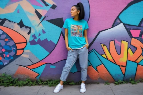 girl in t-shirt,concrete background,colorful background,street fashion,tees,shilla clothing,painted wall,concrete wall,print on t-shirt,color wall,graffiti,isolated t-shirt,jeans background,color turquoise,long-sleeved t-shirt,hip-hop dance,brick wall background,fashion street,saturated colors,moc chau hill,Illustration,Realistic Fantasy,Realistic Fantasy 34