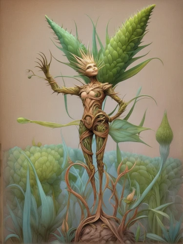 dryad,pachamama,veratrum,flying seed,prickle,faerie,agave,forest man,faery,pineapple plant,fantasy art,young pineapple,groot,coral guardian,cactus,flying seeds,tree man,venus flytrap,cynara,gardener,Illustration,Realistic Fantasy,Realistic Fantasy 02