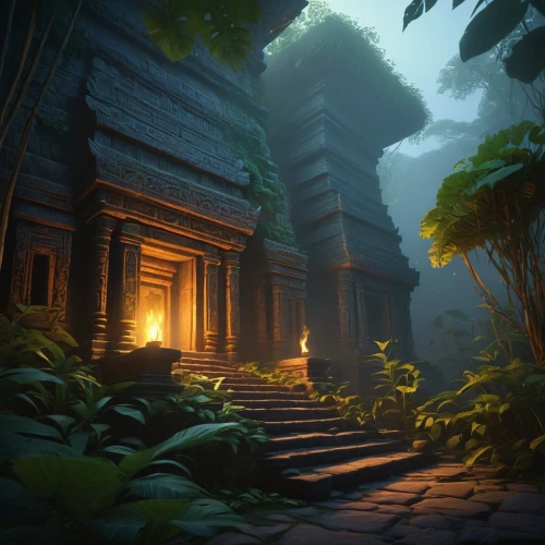 ancient city,artemis temple,cambodia,jungle,ancient house,angkor,ancient buildings,druid grove,ancient,thai temple,ruins,mausoleum ruins,the mystical path,tropical jungle,maya civilization,the ancient world,vietnam,temple,rainforest,monkey island,Illustration,Realistic Fantasy,Realistic Fantasy 27