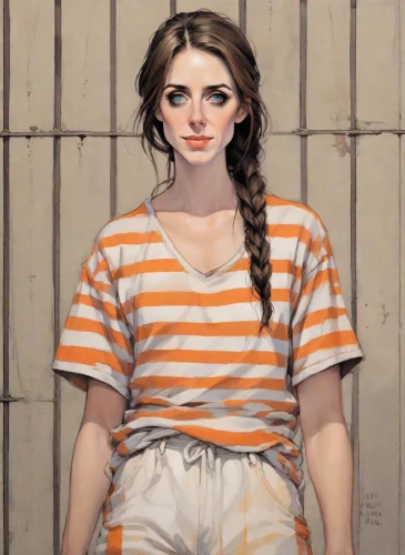 girl in t-shirt,prisoner,girl with cloth,portrait of a girl,girl in overalls,girl in cloth,girl portrait,david bates,young woman,girl in a long,girl with a wheel,clementine,oil painting,oil on canvas,girl with bread-and-butter,striped background,chainlink,girl in the kitchen,horizontal stripes,girl in a historic way,Digital Art,Comic