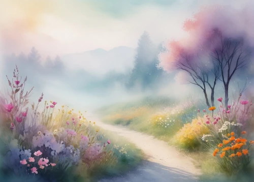 meadow in pastel,watercolor background,flower painting,springtime background,pathway,soft pastel,landscape background,meadow landscape,the mystical path,fantasy landscape,watercolor floral background,spring background,fairy forest,spring morning,forest path,flower field,blooming field,hiking path,salt meadow landscape,flowering meadow,Illustration,Paper based,Paper Based 02