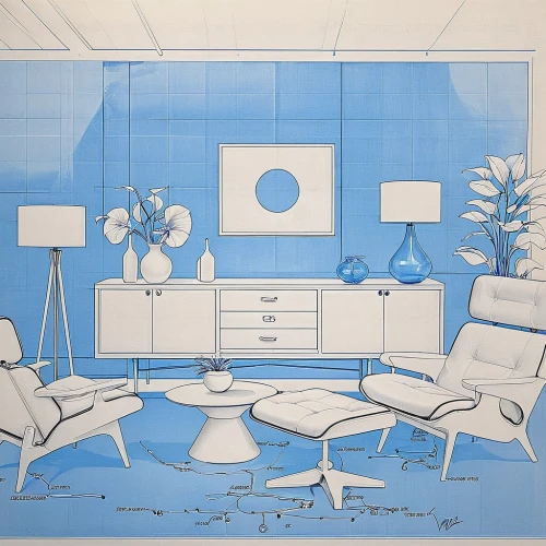 mid century,mid century modern,blue room,interior design,blueprint,matruschka,consulting room,study room,frame drawing,mid century house,vintage wallpaper,wall sticker,working space,archidaily,interior decoration,interiors,blue and white porcelain,blueprints,room divider,workroom,Unique,Design,Blueprint