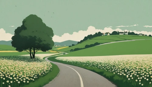 blooming field,meadow in pastel,rolling hills,clover meadow,springtime background,hills,the road,springtime,spring meadow,green fields,daffodil field,country road,road,open road,spring background,mountain road,green meadow,flower field,chives field,meadow rues,Illustration,Japanese style,Japanese Style 08