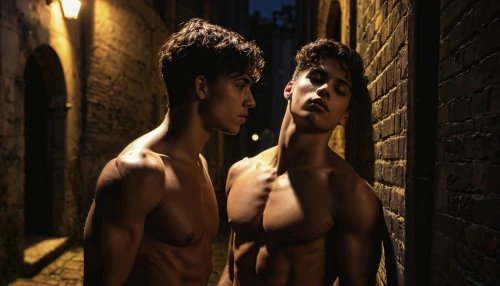 mirror image,mannequins,mirroring,alleyway,shirtless,photo session at night,mirror reflection,conceptual photography,mirrored,photo manipulation,fusion photography,torso,scene lighting,mirrors,photo session in torn clothes,red brick wall,photomanipulation,narrow street,red bricks,glbt