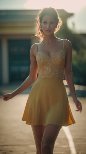 quinceañera,twirling,ballerina,hula hoop,gold colored,golden light,golden color,see-through clothing,nice dress,hula,roller skating,tutu,retro woman,yellow,baton twirling,golden yellow,cocktail dress,aurora yellow,dancing,yellow jumpsuit,Photography,General,Cinematic
