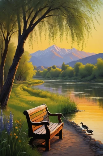 landscape background,river landscape,nature landscape,landscape nature,evening lake,beautiful landscape,art painting,meadow landscape,background view nature,home landscape,tranquility,oil painting on canvas,idyll,landscapes beautiful,natural landscape,oil painting,outdoor bench,natural scenery,photo painting,park bench,Illustration,Paper based,Paper Based 05