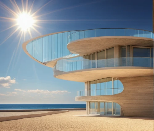 futuristic architecture,dunes house,modern architecture,beach house,beachhouse,lifeguard tower,architecture,futuristic art museum,house of the sea,guggenheim museum,waves circles,architectural,seaside view,balconies,jewelry（architecture）,beach hut,arhitecture,archidaily,the observation deck,observation deck,Photography,General,Realistic