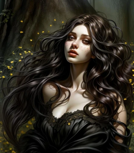 dryad,faery,the enchantress,faerie,fantasy portrait,gothic woman,elven flower,sorceress,fantasy art,fairy queen,black rose,fallen petals,black and dandelion,mystical portrait of a girl,rusalka,queen of the night,fairy tale character,background ivy,widow flower,fae