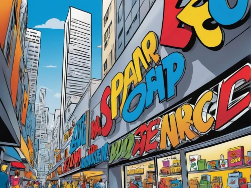 toy store,multistoreyed,comic books,cartoon video game background,shopping street,convenience store,comic book,shopping icon,comic book bubble,metropolises,colorful city,shopping mall,tokyo city,store fronts,supermarket,marvel comics,moc chau hill,shopping venture,shopping center,retail trade,Illustration,American Style,American Style 13