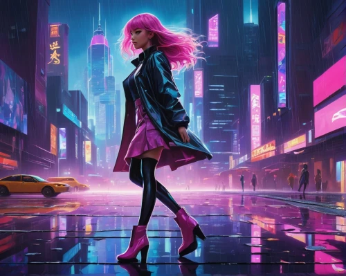 cyberpunk,nerve,neon lights,ultraviolet,pedestrian,neon light,neon,walking in the rain,cityscape,city lights,neon arrows,la violetta,city trans,neon candies,colorful city,pink-purple,pink dawn,girl walking away,cg artwork,purple and pink,Illustration,Vector,Vector 09