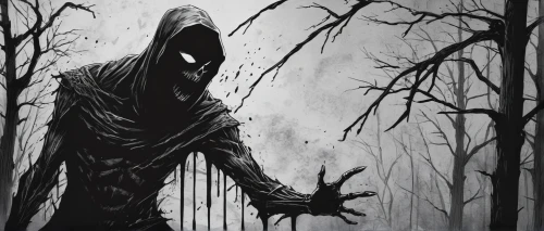 grimm reaper,grim reaper,slender,reaper,dance of death,dark art,blackmetal,death god,angel of death,hag,creepy tree,supernatural creature,bogeyman,wraith,pall-bearer,hooded man,death's-head,haunt,flesh eater,haunted forest,Illustration,Black and White,Black and White 34