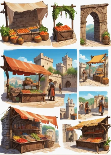 medieval market,castle iron market,grilled food sketches,marketplace,vegetable market,fruit stands,tavern,fruit market,stone oven,fruit stand,merchant,beach restaurant,backgrounds,sicilian cuisine,ancient buildings,mediterranean cuisine,a restaurant,vendors,medieval architecture,collected game assets,Unique,Design,Character Design