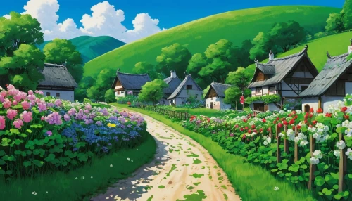 studio ghibli,alpine village,mountain village,home landscape,aurora village,the valley of flowers,knight village,rural landscape,clover meadow,fairy village,countryside,village scene,flower field,cottage garden,blooming field,villages,village life,villagers,flower garden,vegetables landscape,Illustration,Japanese style,Japanese Style 13