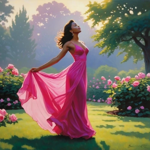 gracefulness,oil painting on canvas,radha,girl in a long dress,oil painting,girl in the garden,art painting,rosa 'the fairy,girl in flowers,splendor of flowers,femininity,fantasy picture,a beautiful jasmine,romantic portrait,young woman,woman playing,jasmine,scent of roses,rose pink colors,world digital painting