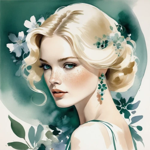 gardenia,watercolor pin up,fashion illustration,dahlia white-green,vintage flowers,lisianthus,vintage illustration,star magnolia,vintage woman,flower illustrative,lilly of the valley,rose flower illustration,vintage makeup,white rose snow queen,vintage girl,lily of the valley,scent of jasmine,vintage floral,eglantine,magnolia,Art,Artistic Painting,Artistic Painting 24