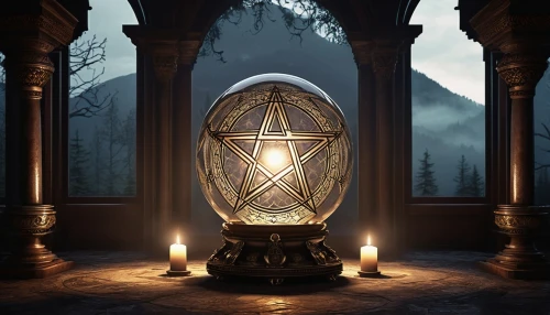 armillary sphere,triquetra,pentacle,lantern,runes,illuminated lantern,divination,stone lamp,magic grimoire,runestone,witches pentagram,medieval hourglass,metatron's cube,witch's hat icon,cauldron,ball fortune tellers,fortune teller,sacred geometry,stargate,esoteric symbol,Illustration,Realistic Fantasy,Realistic Fantasy 09