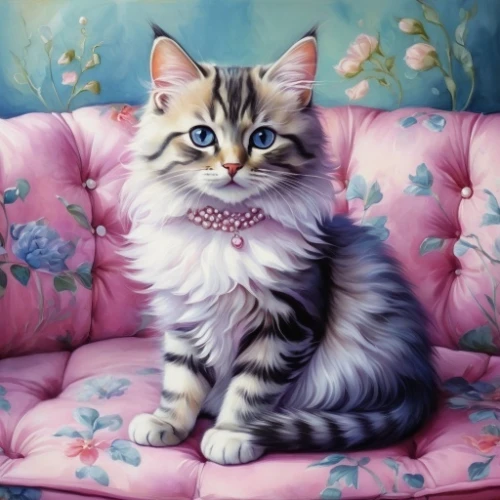 tea party cat,american curl,cat portrait,oil painting on canvas,pink cat,blossom kitten,siberian cat,oil painting,american shorthair,cat on a blue background,vintage cat,cat image,cute cat,calico cat,oil on canvas,american bobtail,birman,domestic cat,domestic long-haired cat,silver tabby