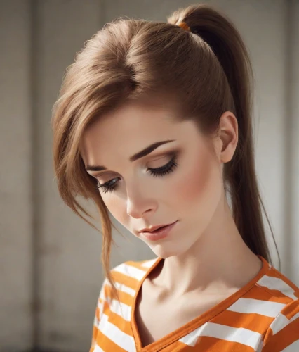realdoll,beautiful young woman,orange color,orange,female model,young woman,updo,quiff,long eyelashes,tying hair,pompadour,vintage makeup,chignon,romantic look,girl portrait,retro girl,artificial hair integrations,smooth hair,bright orange,asymmetric cut,Photography,Natural
